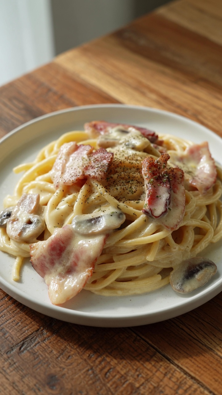 クリーミーなベーコンとキノコのパスタ