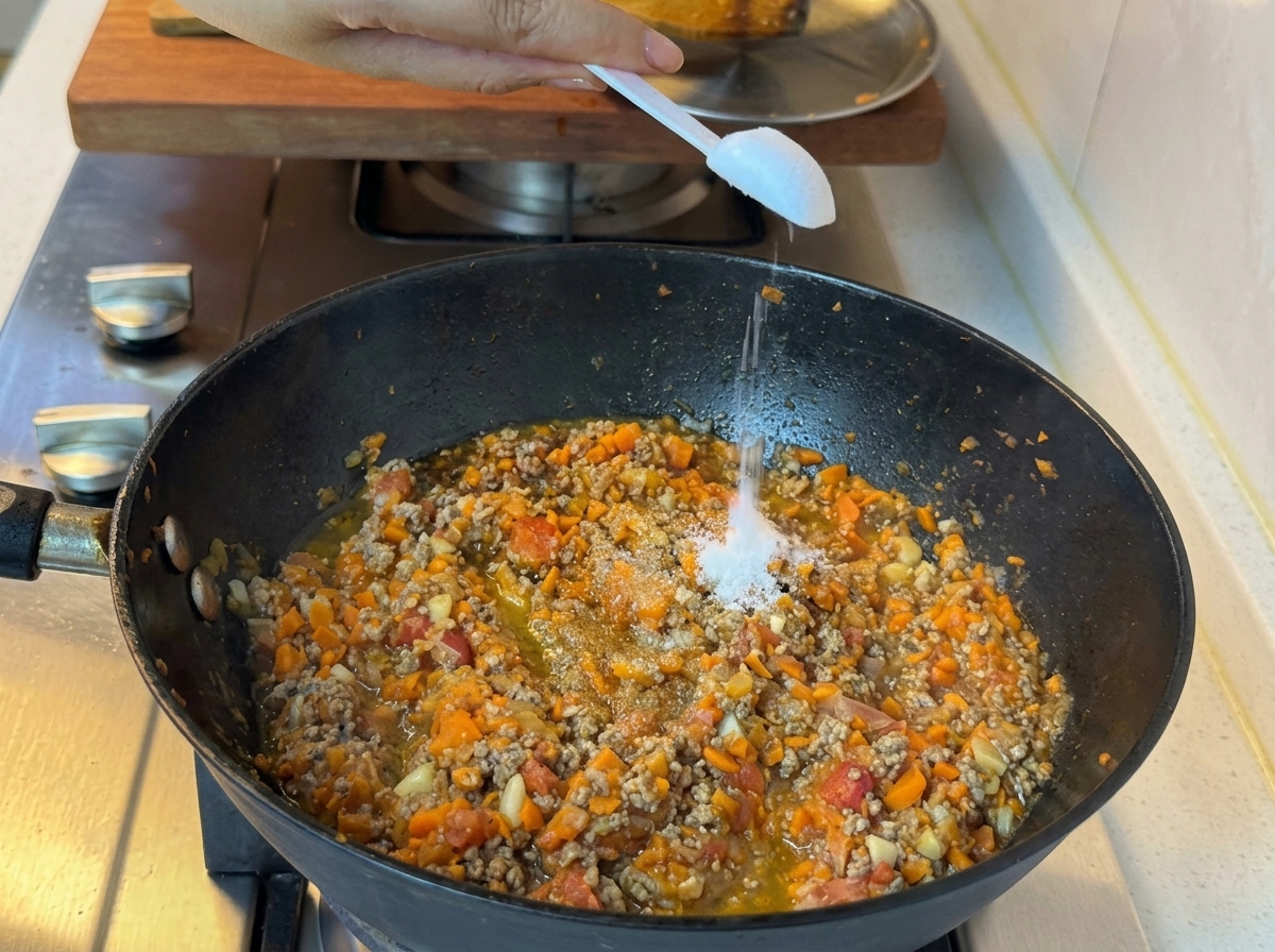 牛肉と野菜の入ったフライパンに調味料を加えている様子。