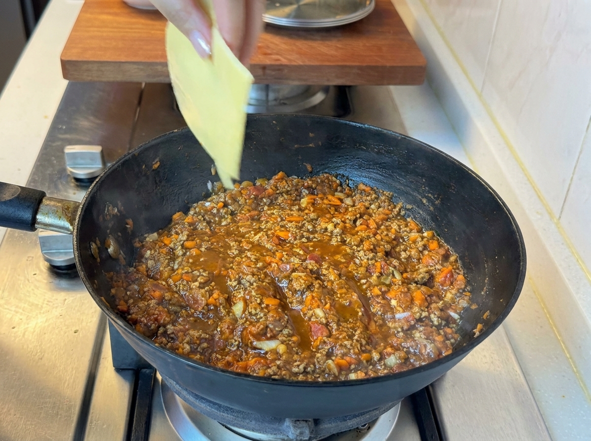 フライパンの中でトマトビーフソースに溶け込むスライスチーズ。