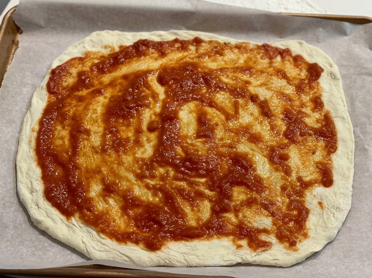 スプーンでピザ生地のベースにトマトソースを均一に広げている様子。