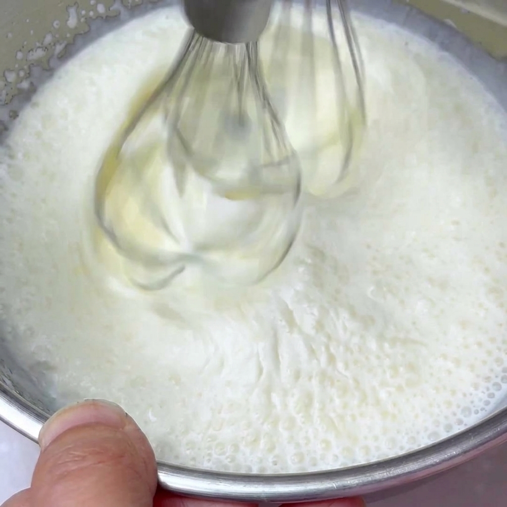 ハンドミキサーで生クリームをホイップし、濃厚なトッピングを作っている様子。