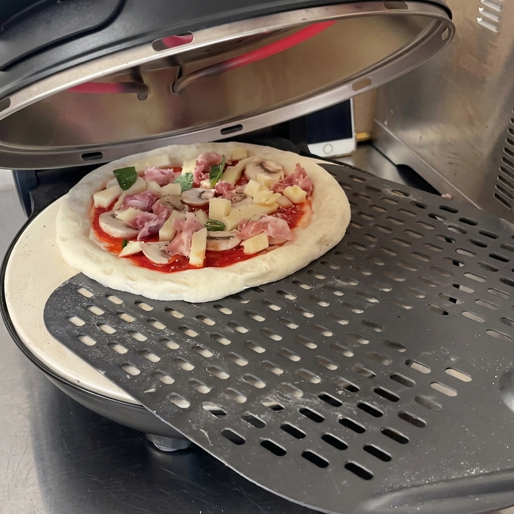 スプーンで生のピザ生地にトマトソースを広げている様子。