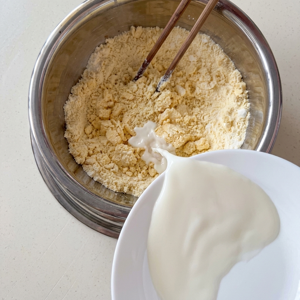 牛乳を注ぎながら菜箸で混ぜている様子。