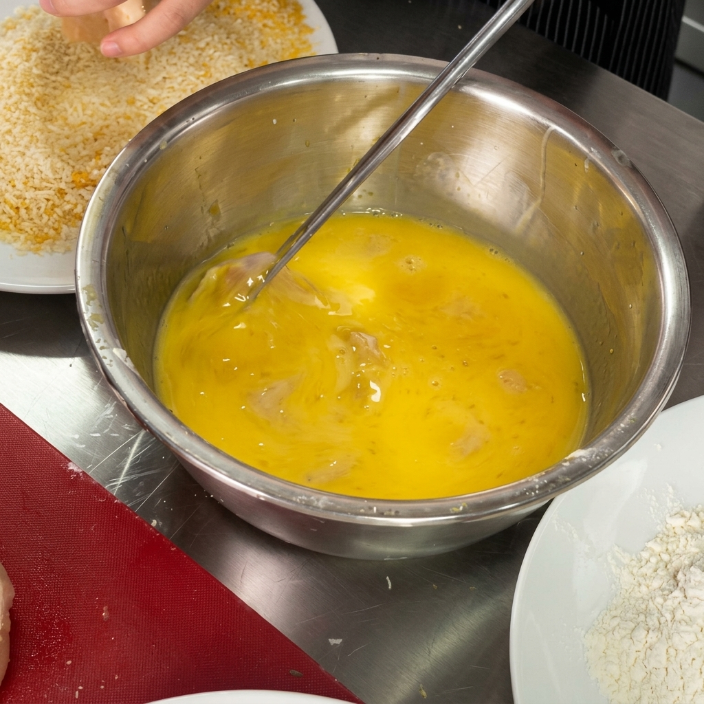 卵をつけた鶏肉に、パン粉をしっかりと押し付けるようにまぶしている様子。