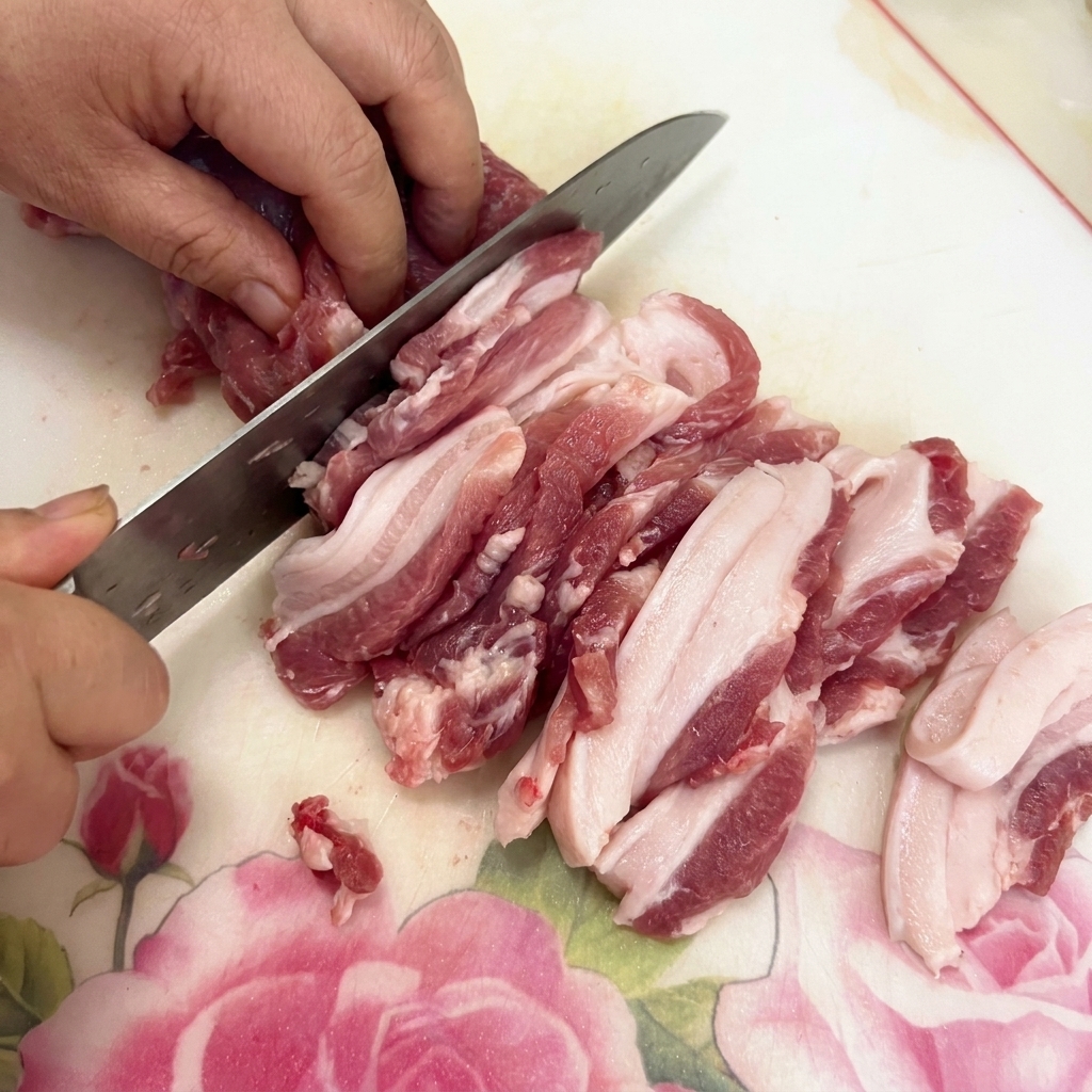 まな板の上に並べられた生豚バラ肉のスライス。