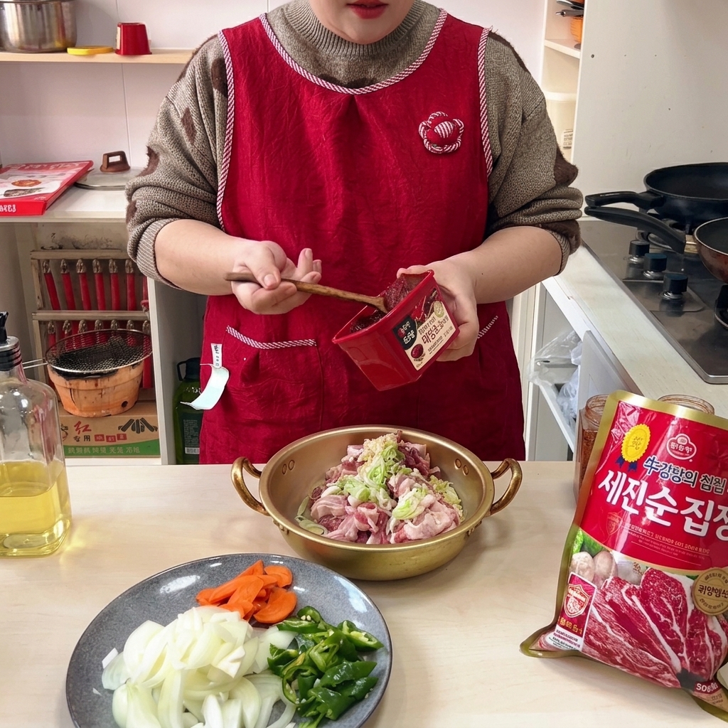 豚肉のボウルに、赤いコチュジャンをスプーンで加えている様子。