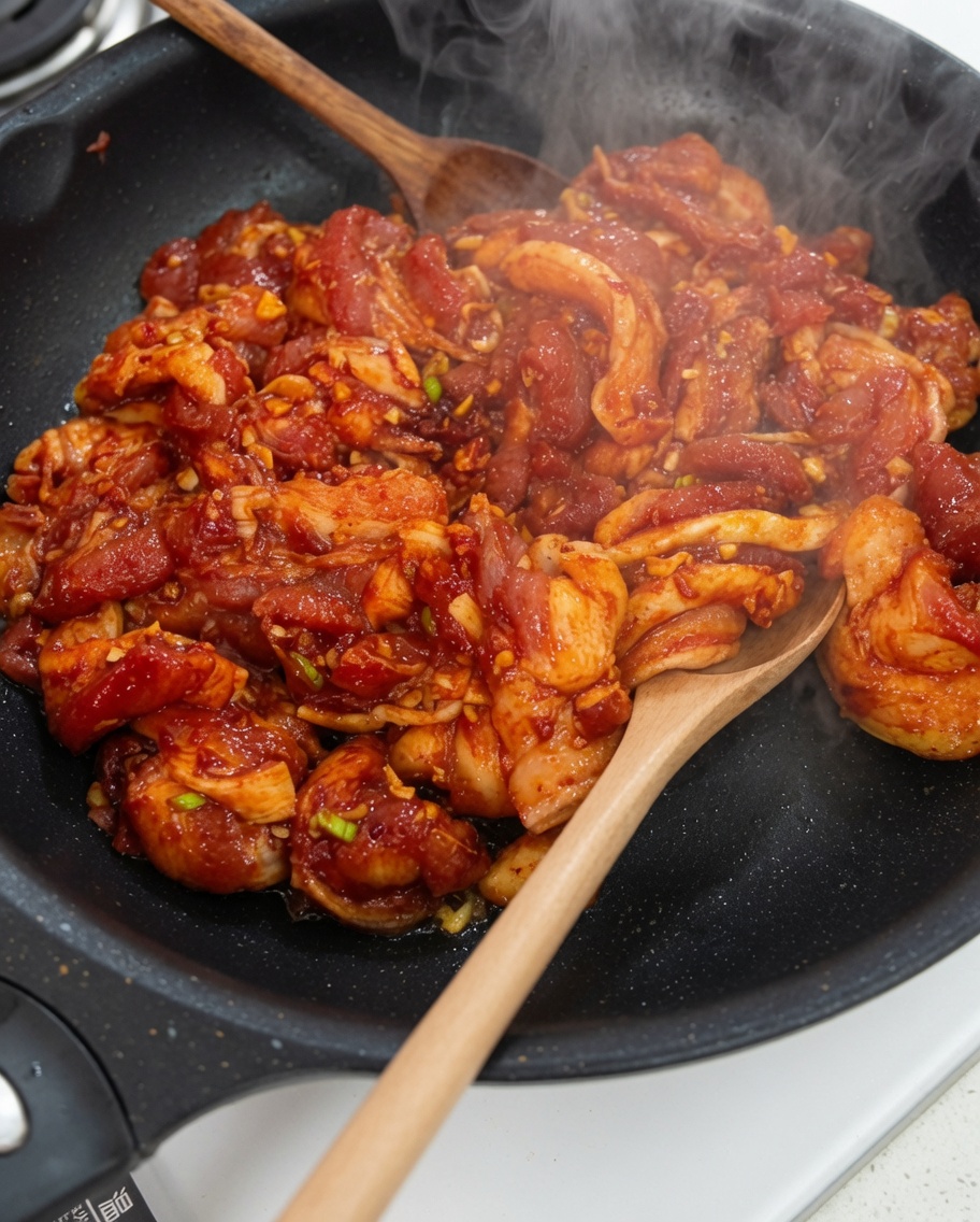 熱したフライパンで、湯気を立てながら焼かれている豚肉。