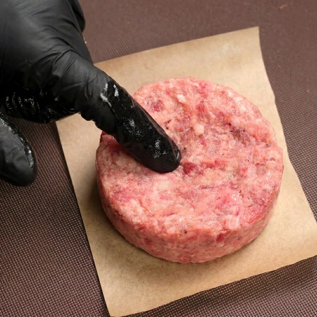 型で形成され、中央がくぼんだハンバーグパティ