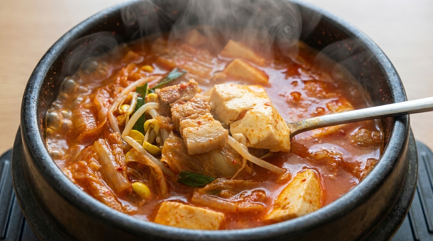 新鮮なもやしをトッピングし、伝統的な石鍋でグツグツと煮立った熱々の豚バラキムチチゲ。