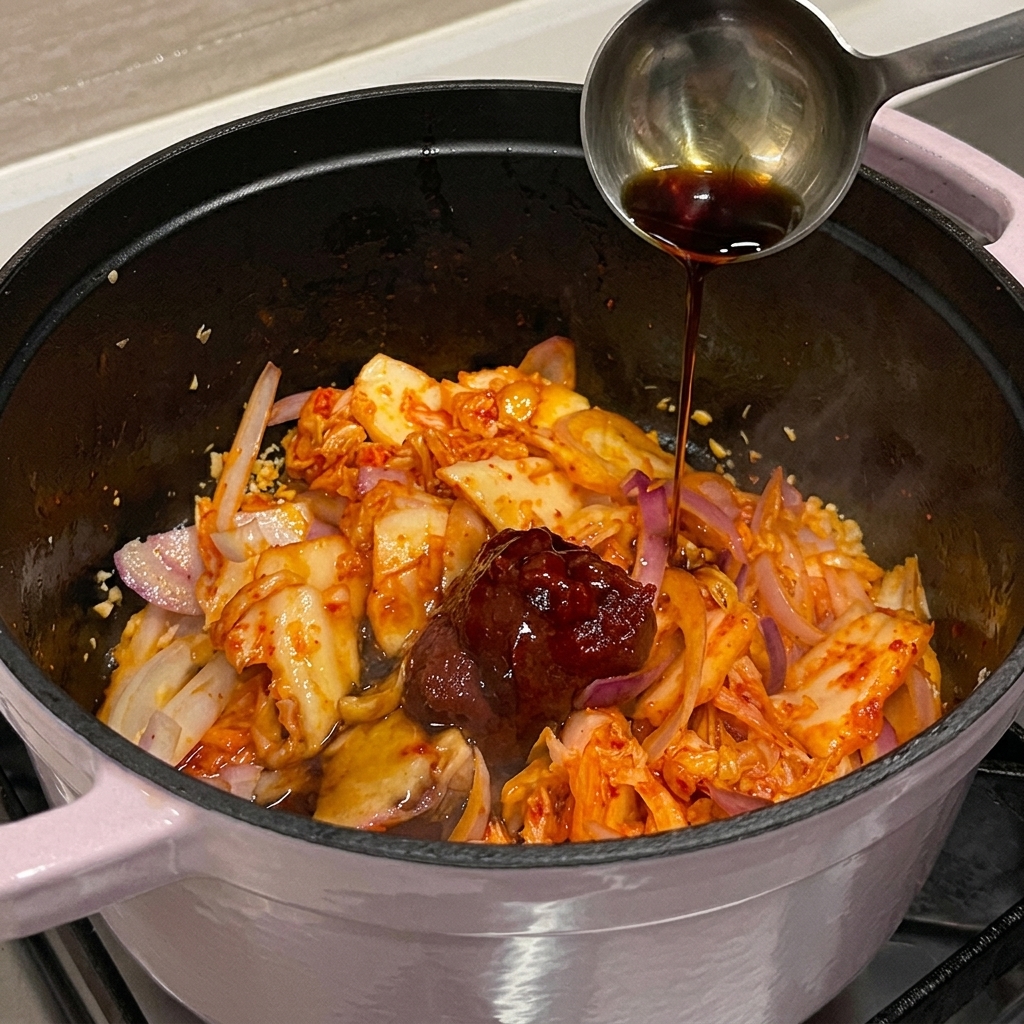 お玉で調味料を鍋に加える様子