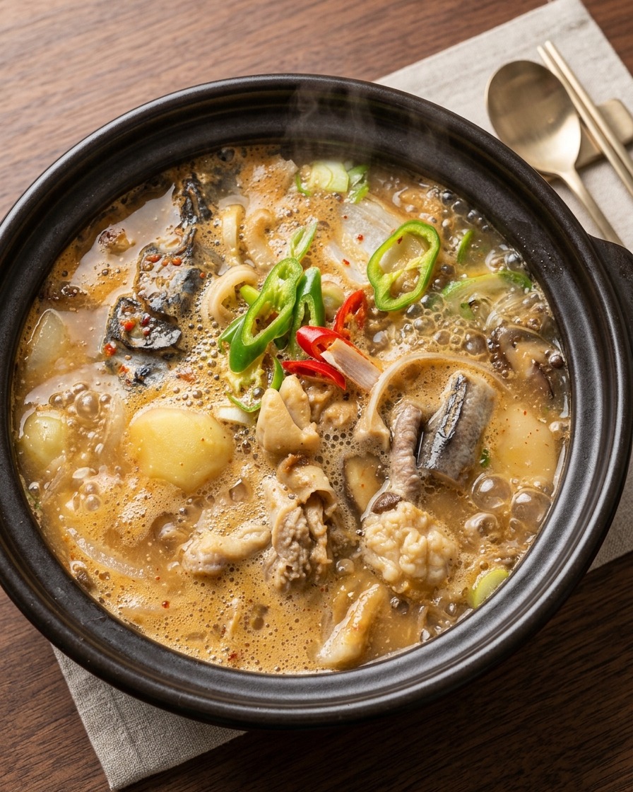 チゲが沸騰し、豆腐を加えて煮込んでいる様子。