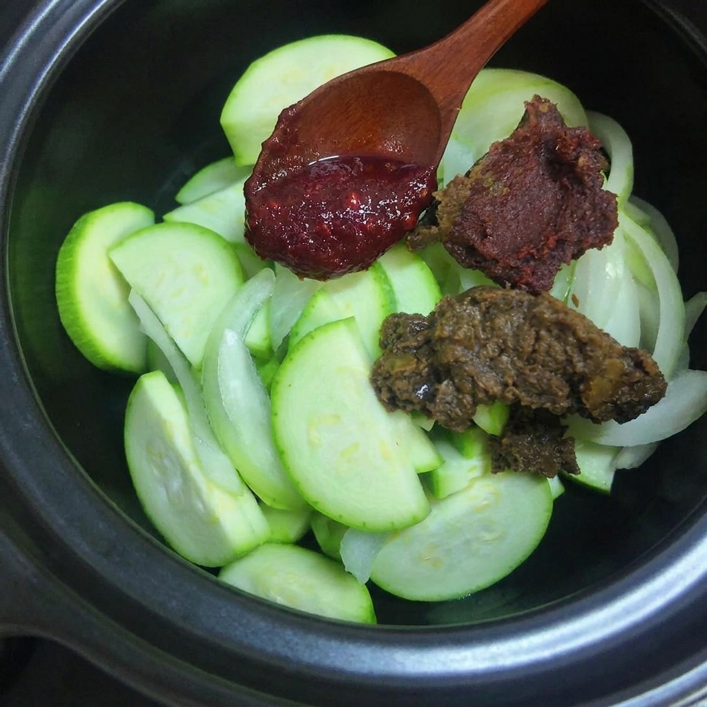 鍋の中の野菜の上に、テンジャンとコチュジャンを乗せた様子。