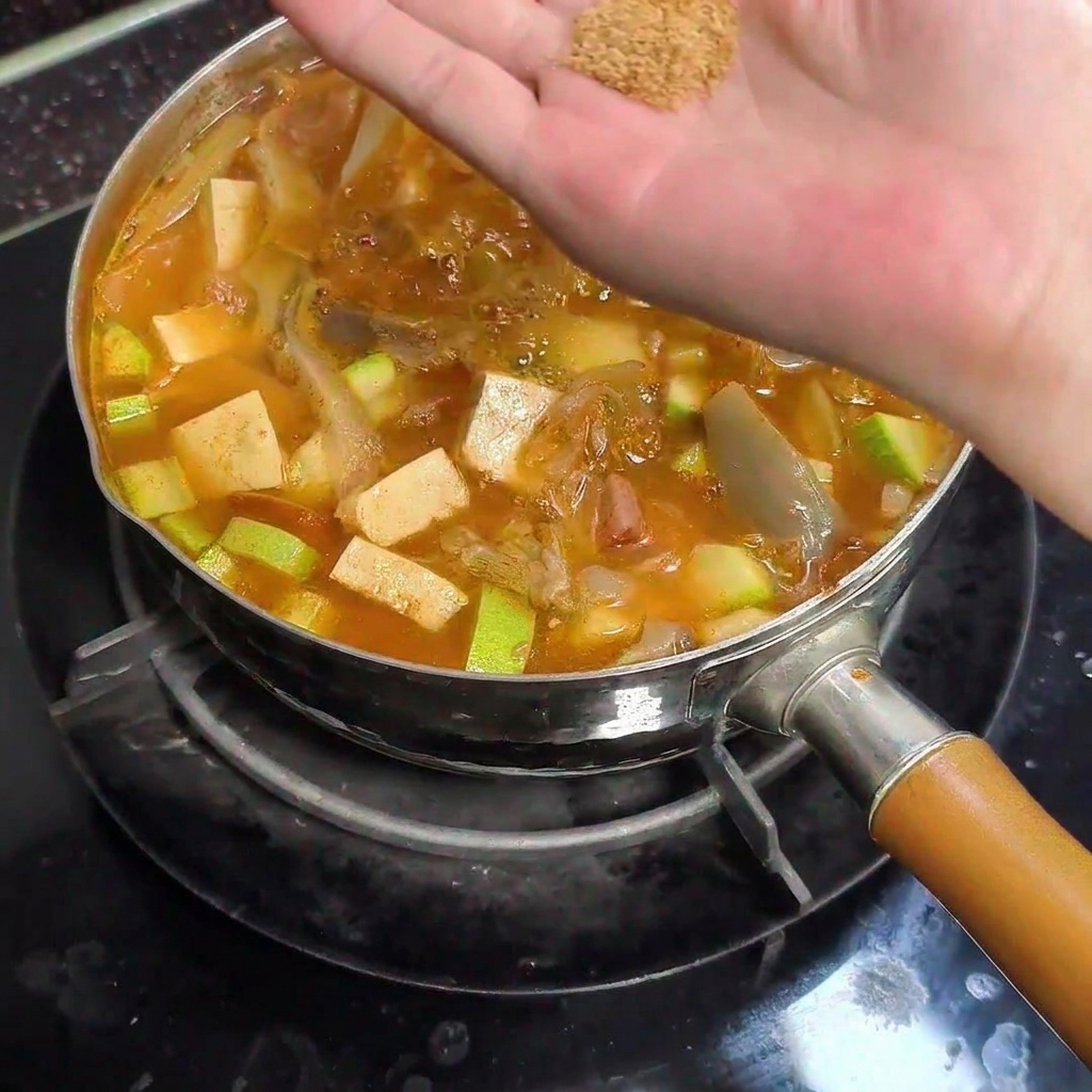 牛肉だしの素を加える様子