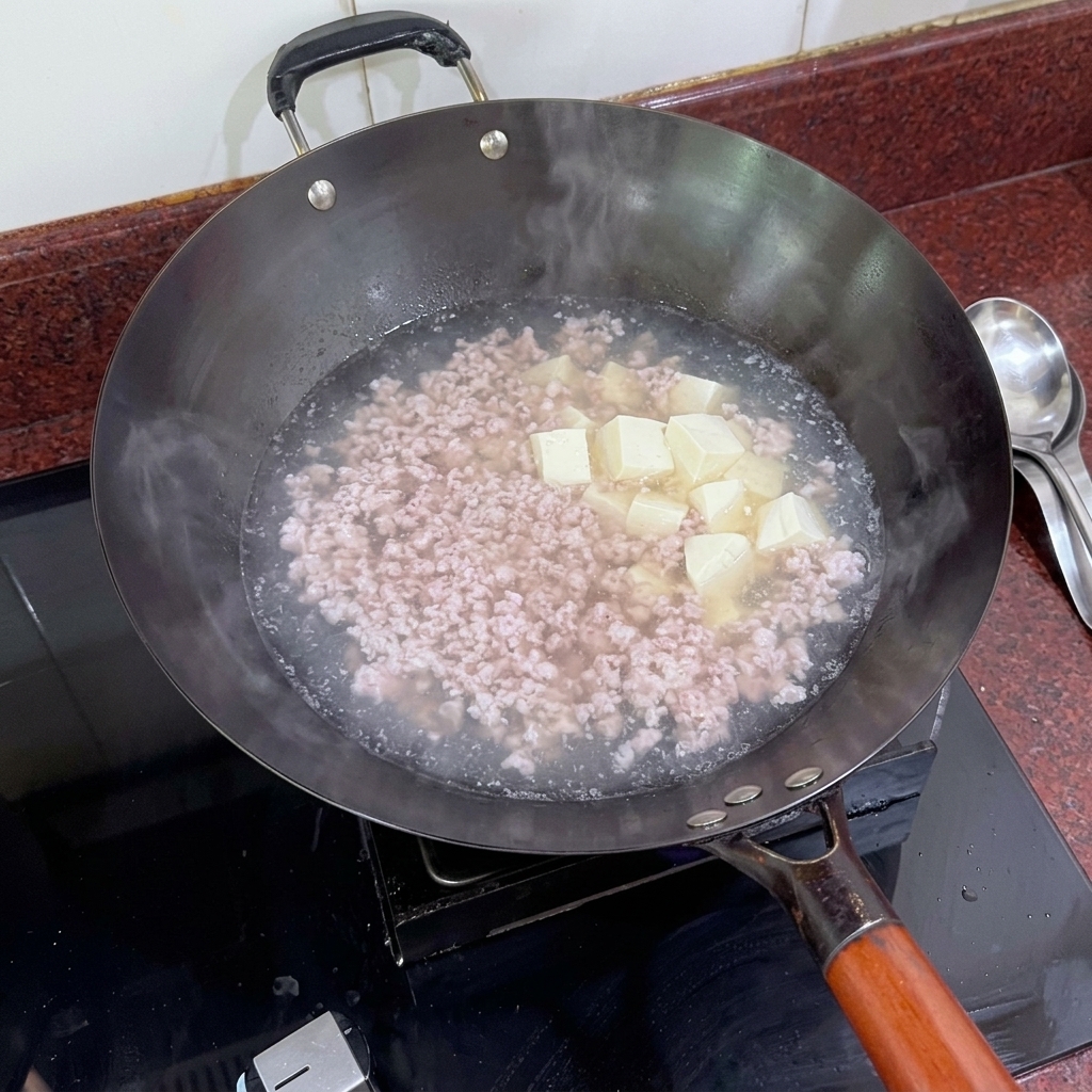 ひき肉と豆腐のスープに高菜の漬物を加えて混ぜている様子。