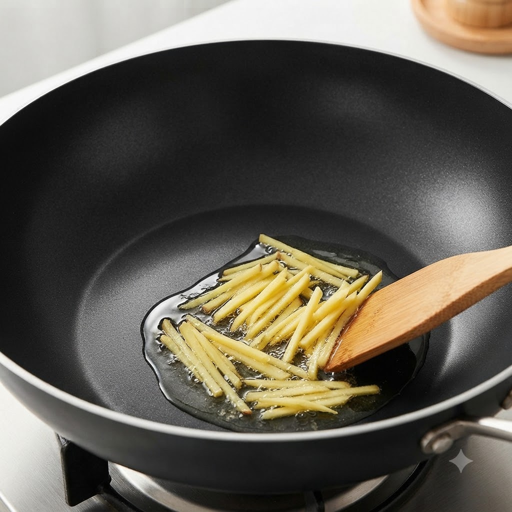 黒い中華鍋の中で熱した油で千切り生姜を炒めている様子。