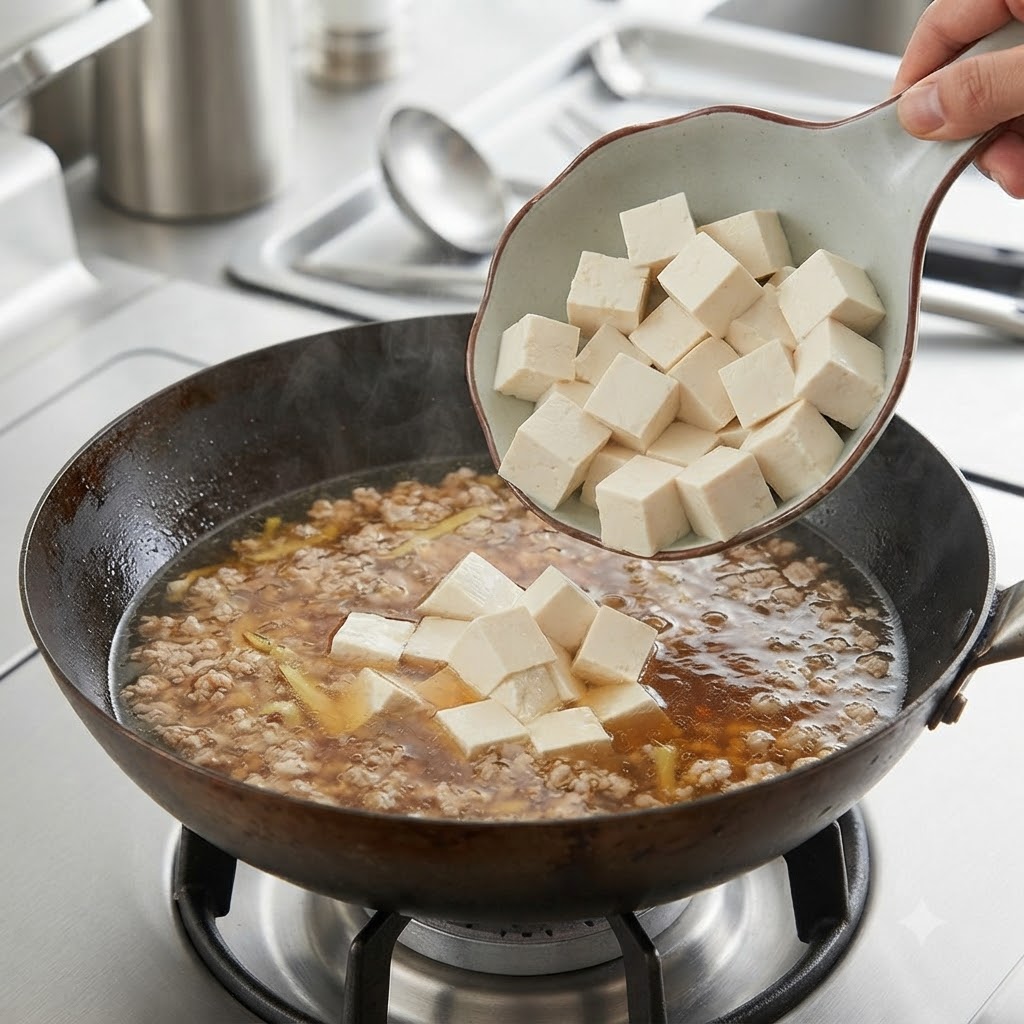 さいの目に切った豆腐が、沸騰したスープの中へ滑り落ちる様子。