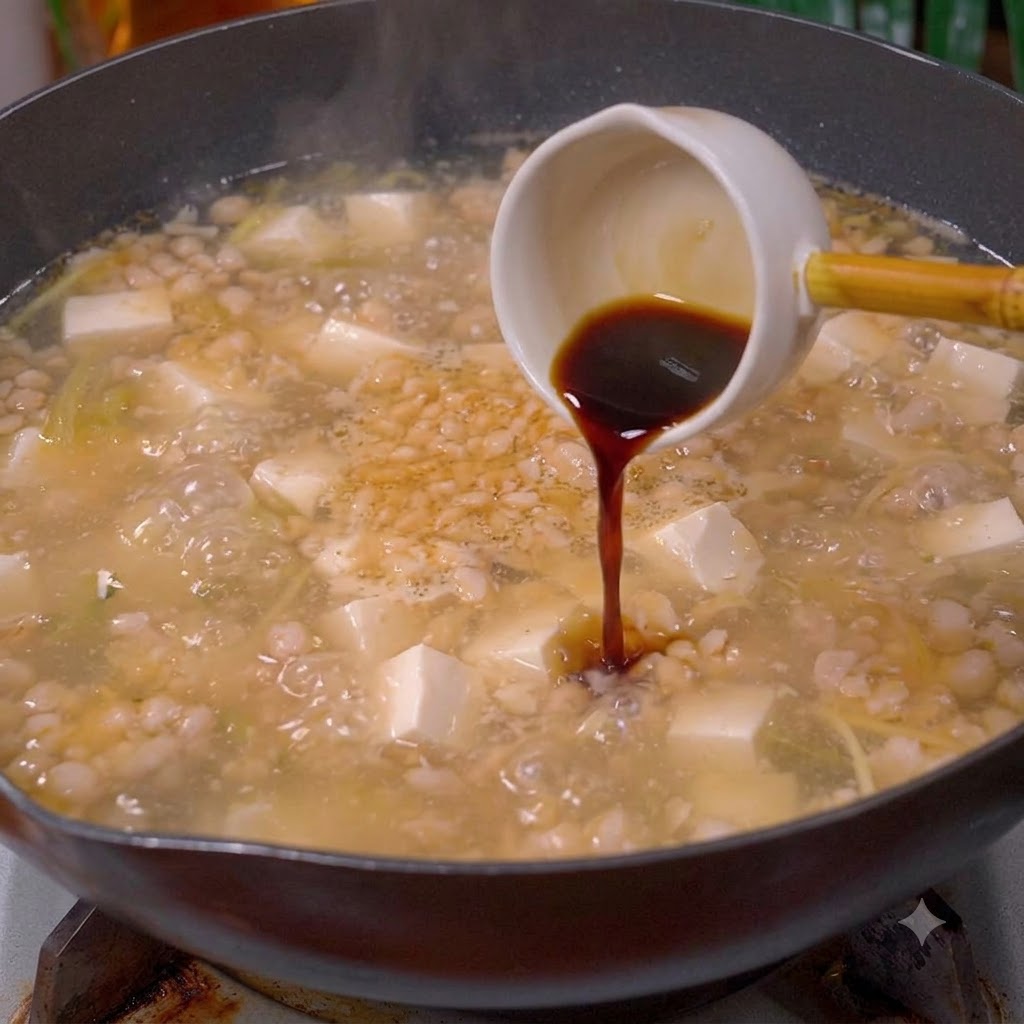 スープ、豆腐、ひき肉が入った中華鍋に、白い小さなお玉から薄口醤油を注いでいる様子。