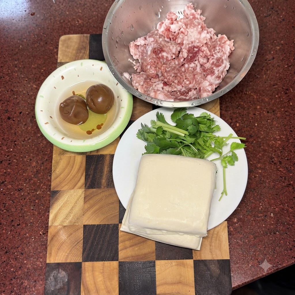 まな板の上で豚ひき肉と梅干しを一緒に包丁で叩いている様子。傍らには豆腐とパクチーが置かれている。