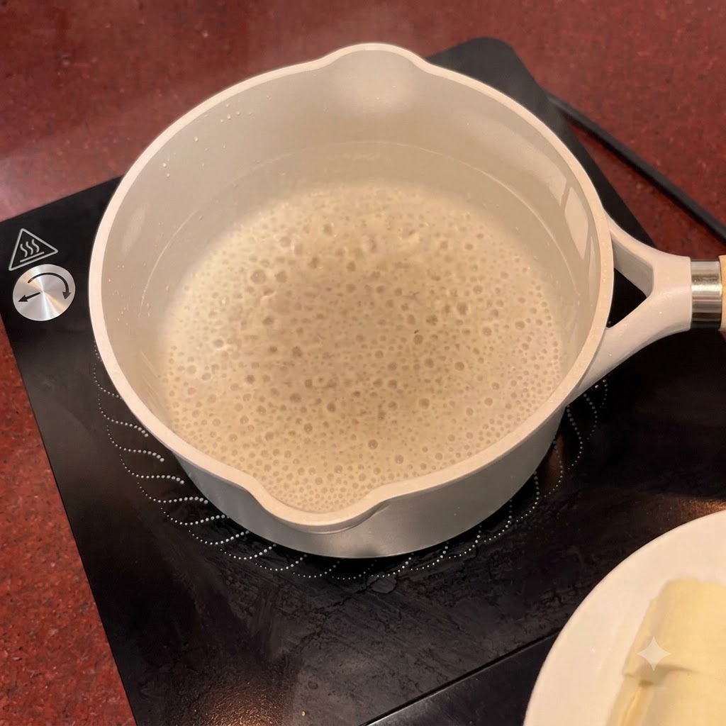 IHコンロの上の鍋で沸騰したお湯の中で煮込まれている豆腐。
