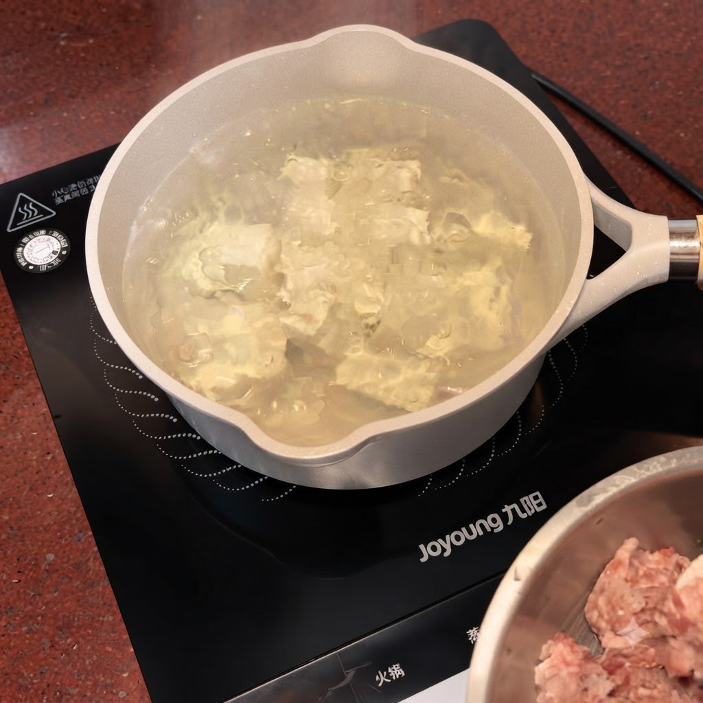 スプーンですくった豚ひき肉が、沸騰した豆腐の鍋に次々と落とされている様子。