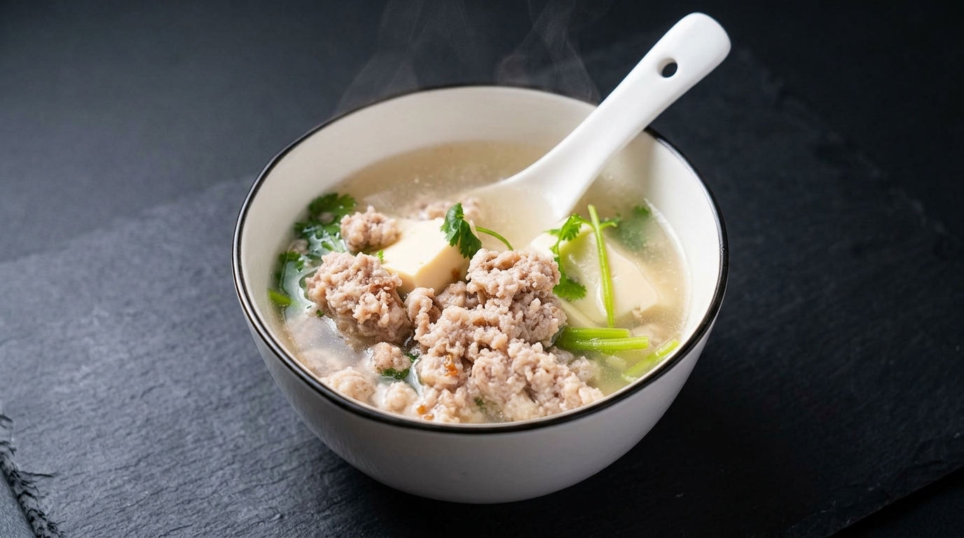 喉に優しい梅干しと豚肉団子・豆腐のスープ