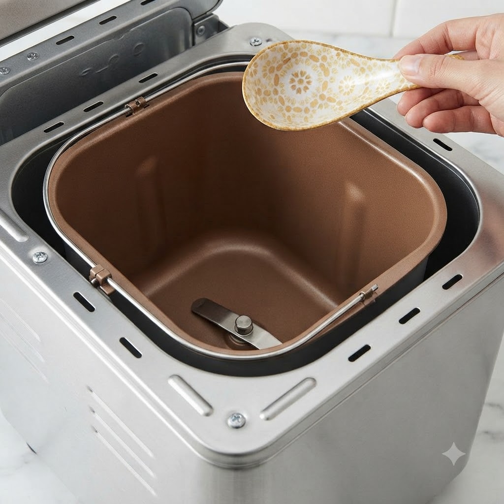 製パン機の内釜の上で材料を持つセラミック製のスプーン。