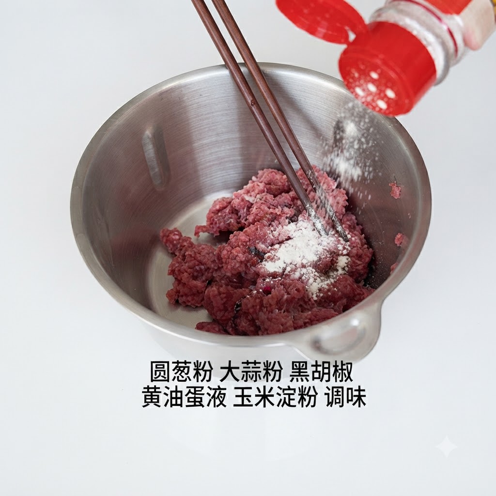 赤いキャップのボトルから粉末状の調味料が上から振りかけられている、ひき肉が入った金属製のボウル。