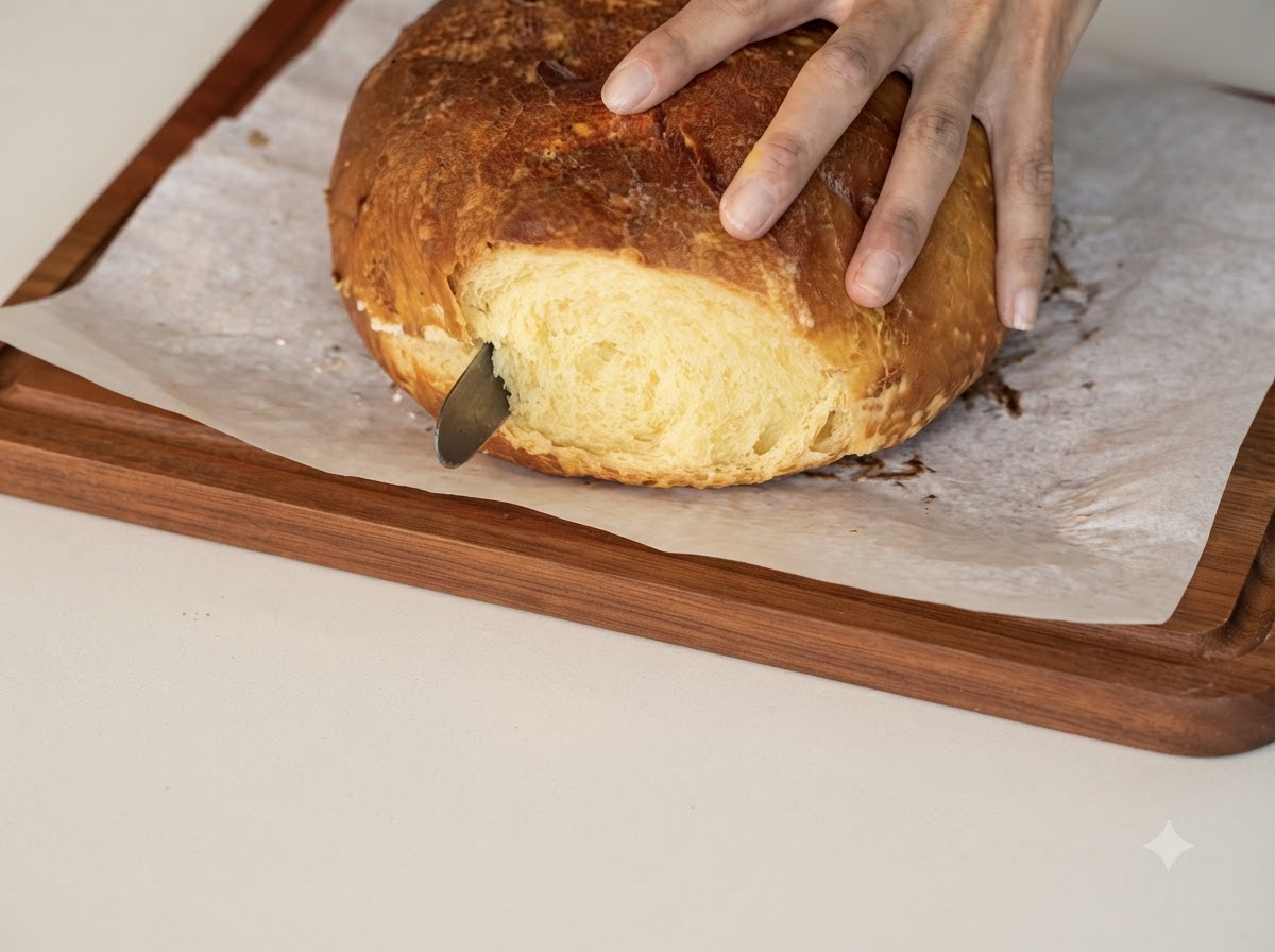 クッキングシートの上で、パン切り包丁を使って大きな丸い焼き立てのバンズを水平にスライスしている手。