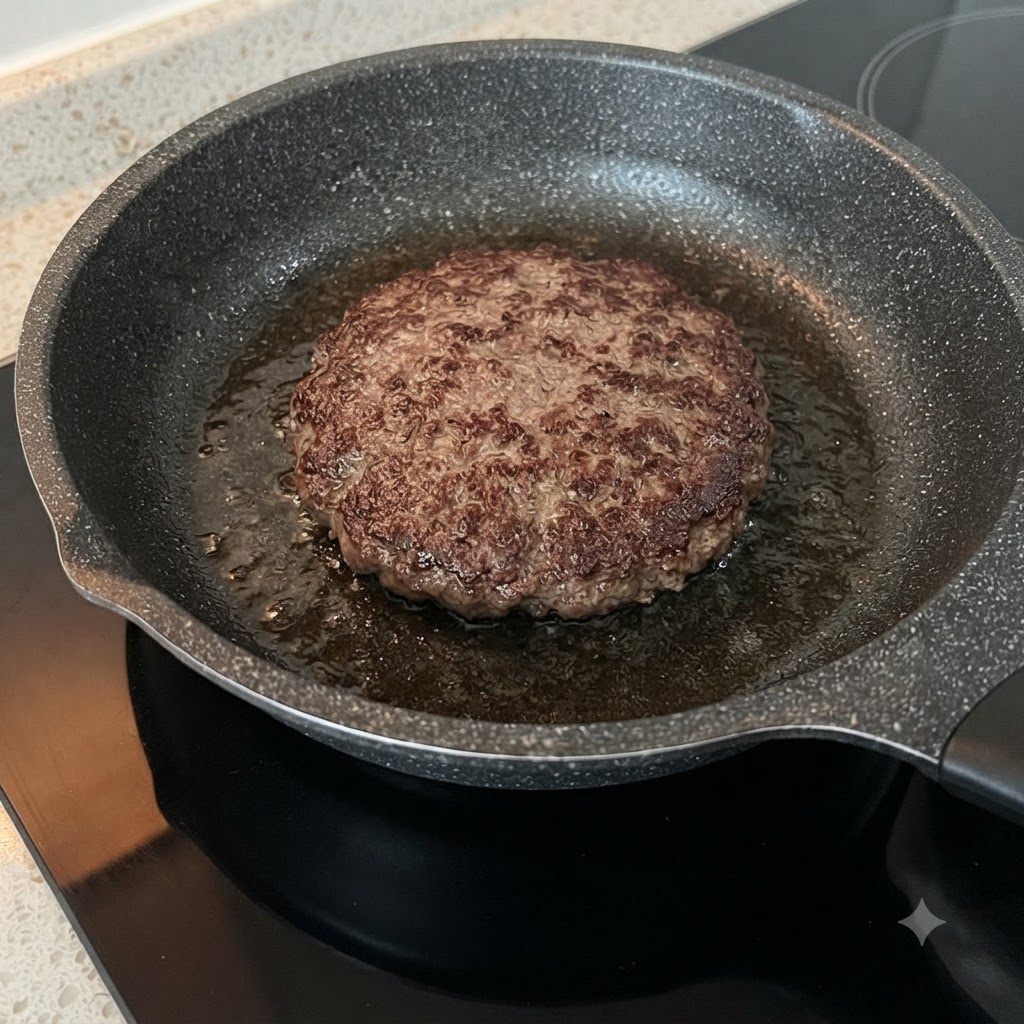 フライパンの中のジューシーなビーフパティの上で、黄色いスライスチーズが溶けている様子。