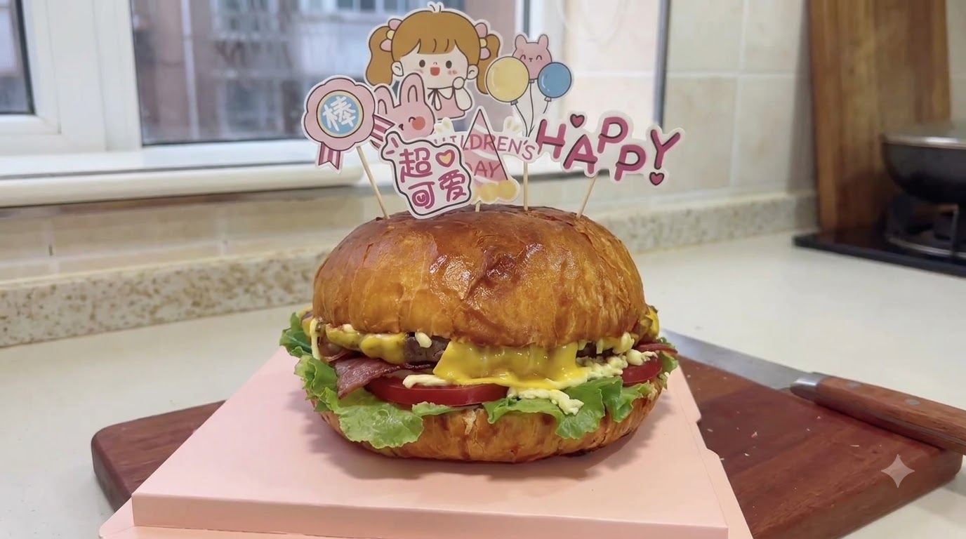 ピンク色のケーキベースの上に置かれ、お祝いのバースデー用トッパーで飾られた、完全に組み立てられた巨大な8インチのアメリカンバースデーバーガー。