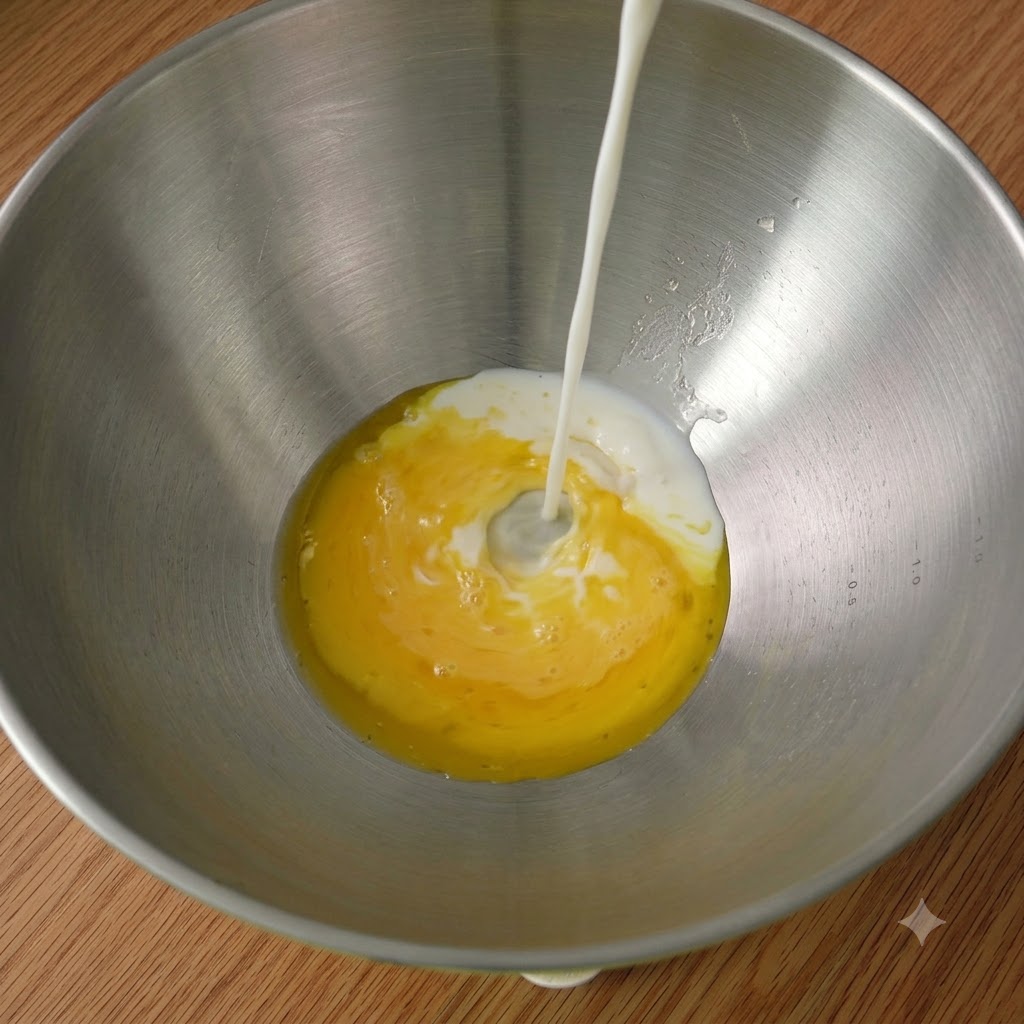 ボウルの中に卵、牛乳、その他のパン作りの材料が入っている様子。