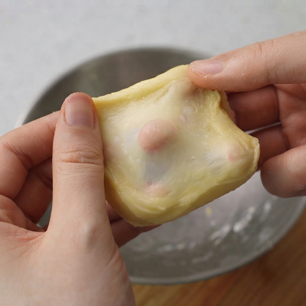 滑らかな生地の一部を指で優しく伸ばし、半透明の薄い膜ができているのを示している様子。