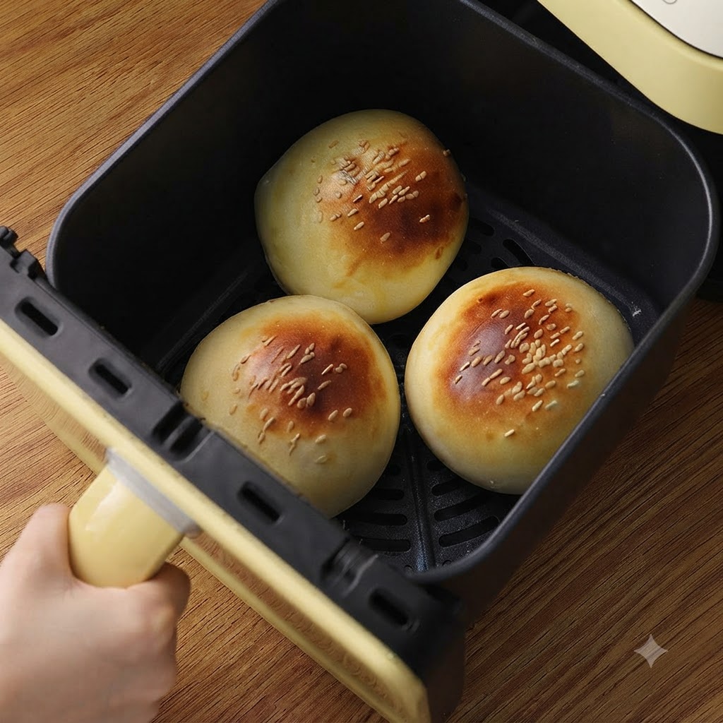 黄金色に焼き上がったバンズが入ったベーキングバスケットに、アルミホイルが被せられている様子。