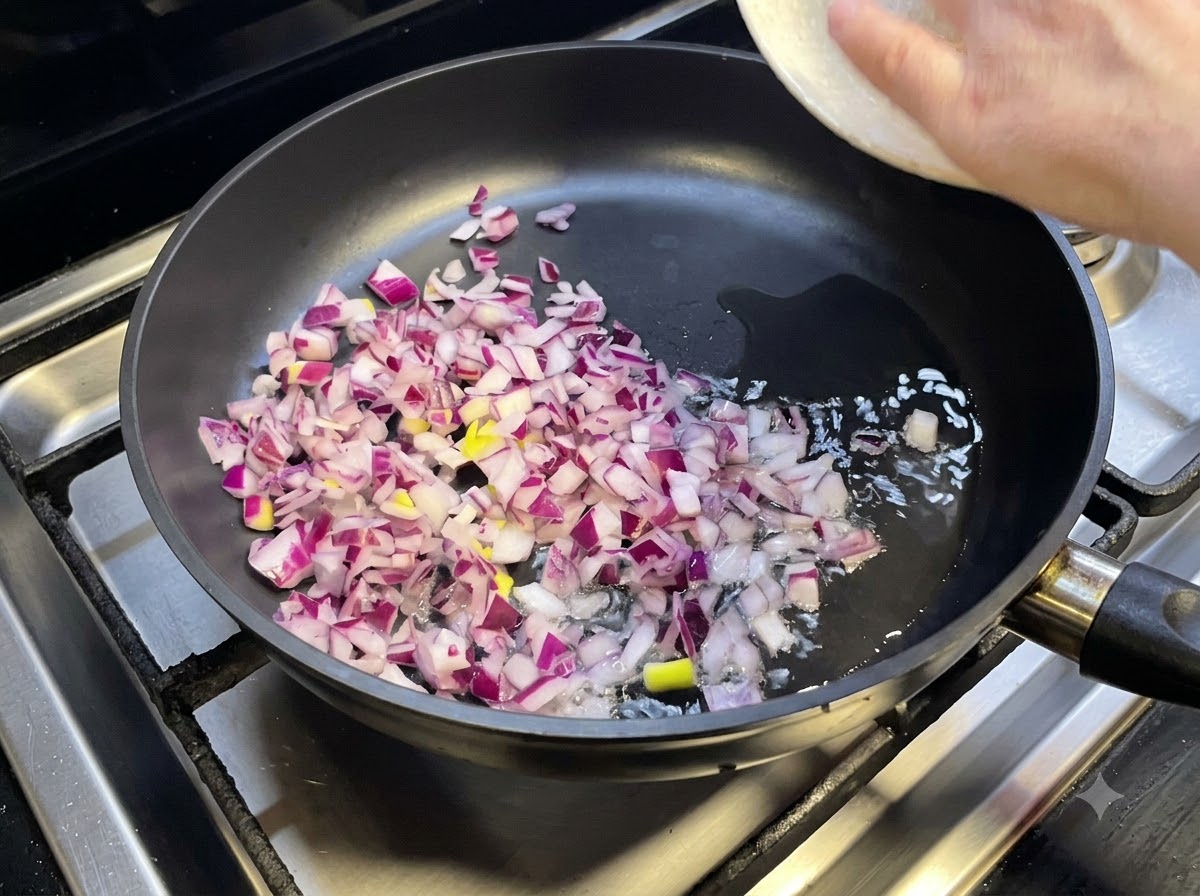 熱したフライパンの油で刻んだ赤玉ねぎを炒め、そこに牛ひき肉を投入している様子。