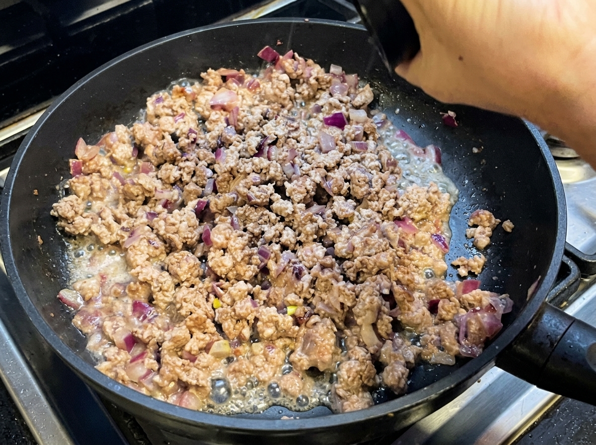 フライパンで炒めた牛ひき肉と玉ねぎの上に調味料を振りかけている様子。
