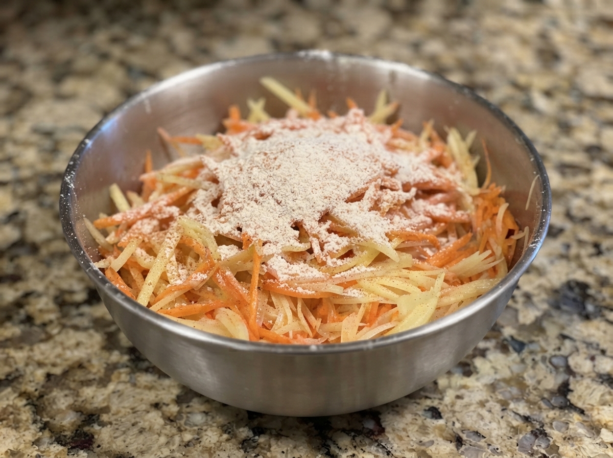 じゃがいも、にんじん、卵が入ったボウルに小麦粉をすくい入れている様子。