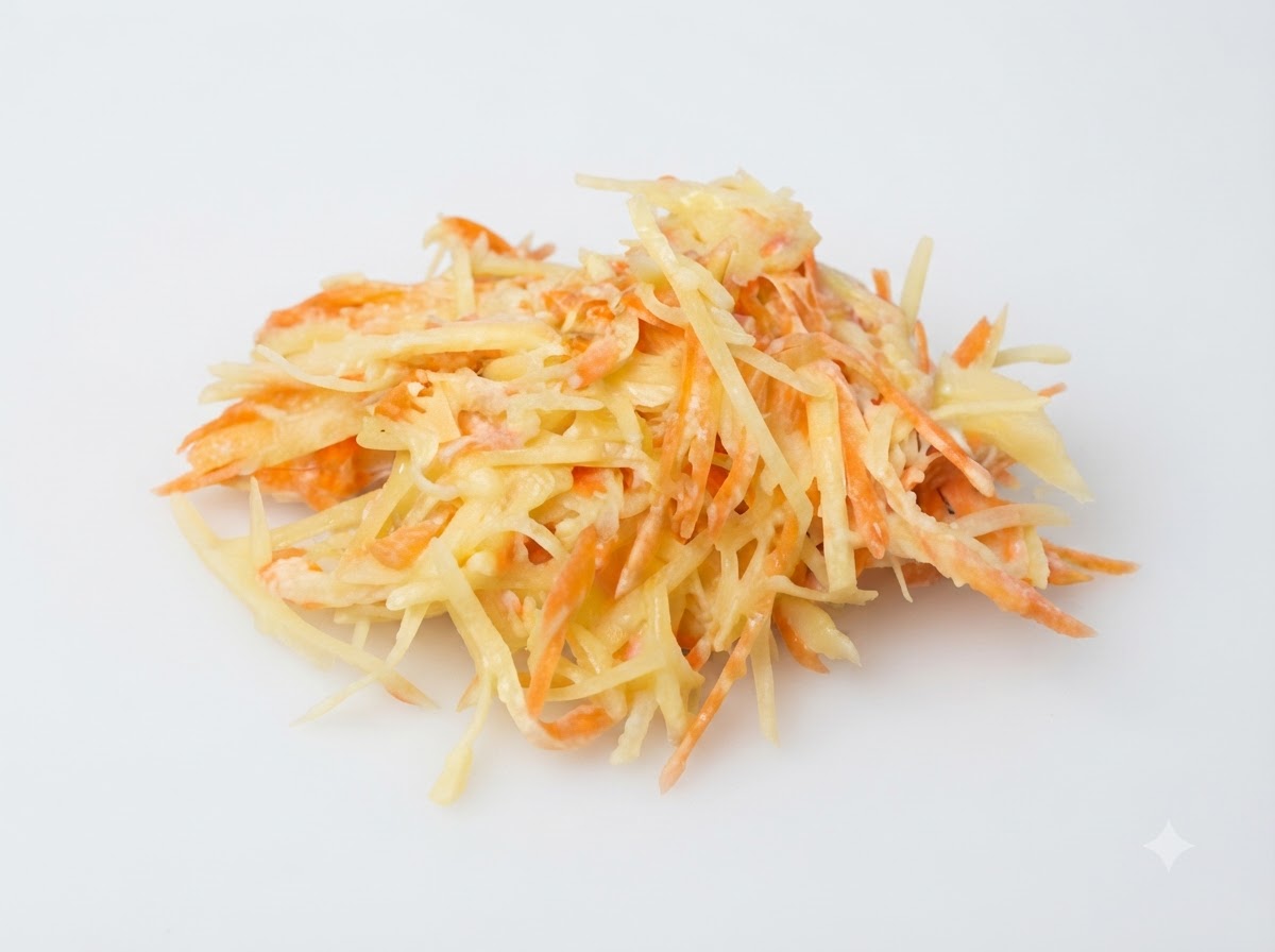 卵と小麦粉をまぶした細切りのじゃがいもとにんじんの生地。