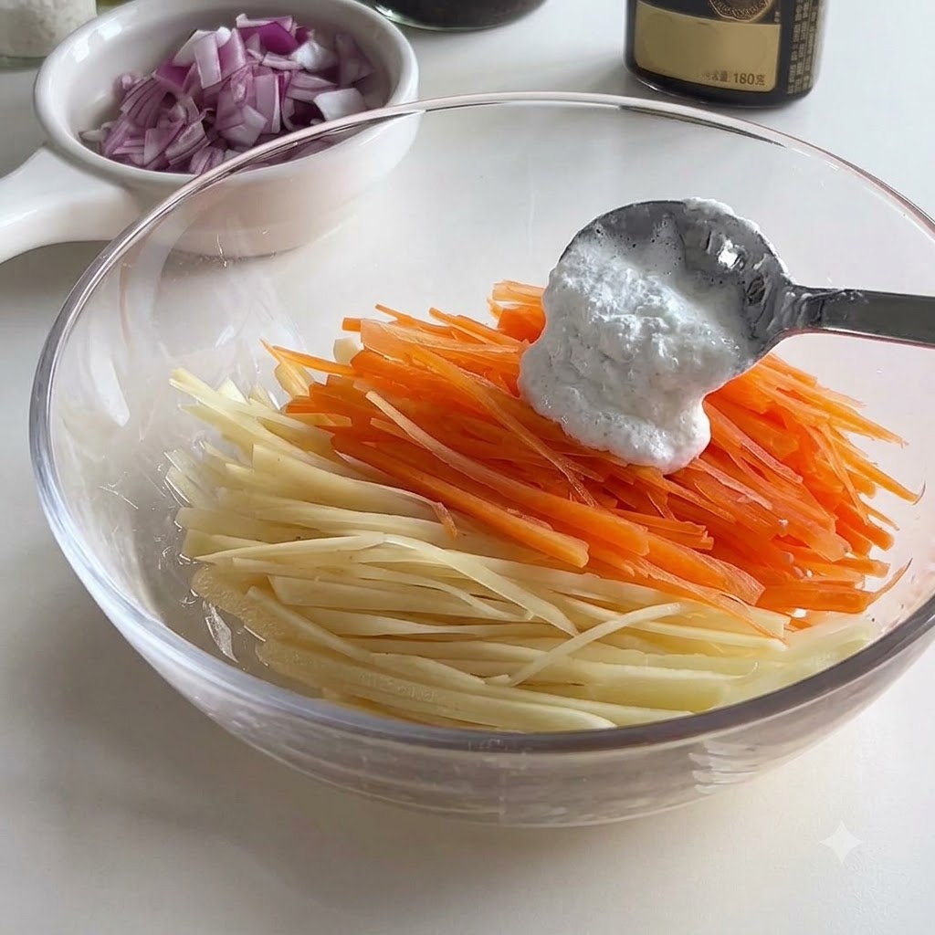 ガラスボウルに入った千切りにんじんとじゃがいもにスプーンで小麦粉を加えている様子。
