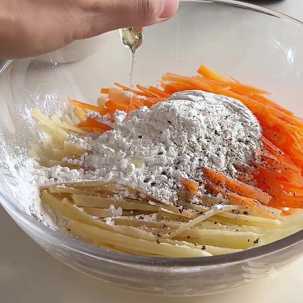 じゃがいも、にんじん、小麦粉、調味料が入ったボウルに卵液を注いでいる様子。