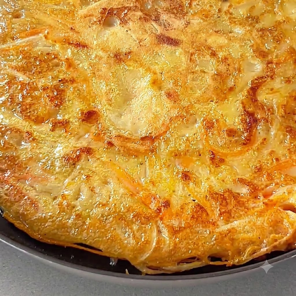 裏返された後の黄金色でカリカリのポテトパンケーキがフライパンで焼かれている様子。