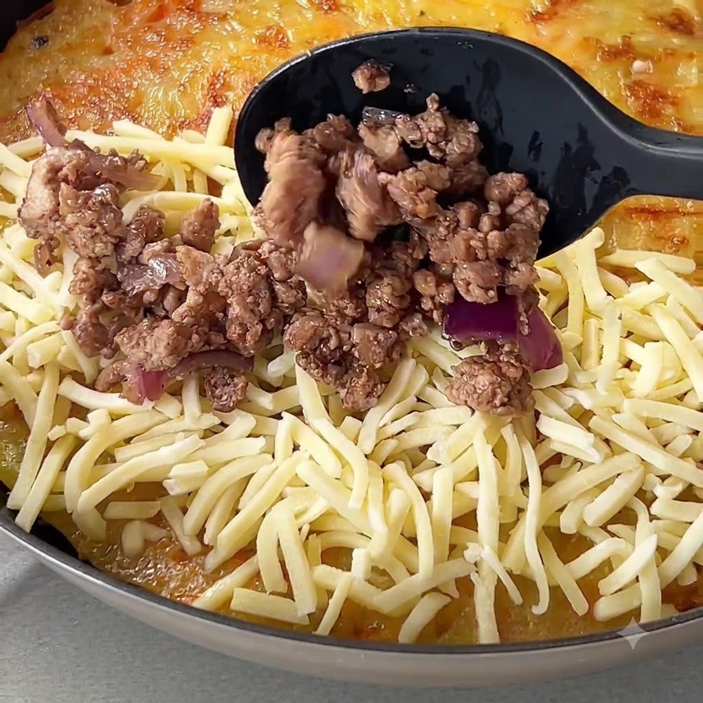 ポテトベースの上のチーズに炒めた牛ひき肉と赤玉ねぎを黒いスプーンでのせている様子。