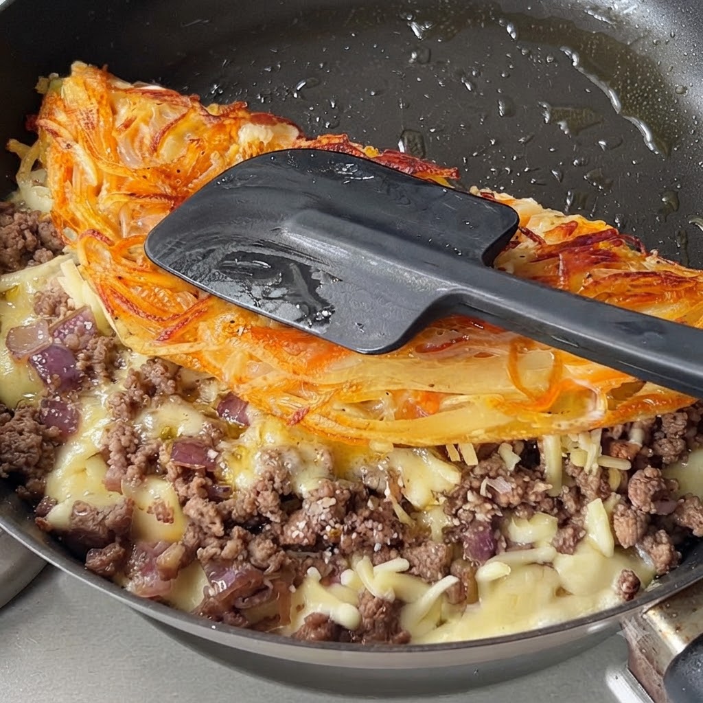 牛肉ととろけるチーズを挟んで半分に折りたたまれた黄金色のカリカリポテトパンケーキを黒いヘラで押さえている様子。