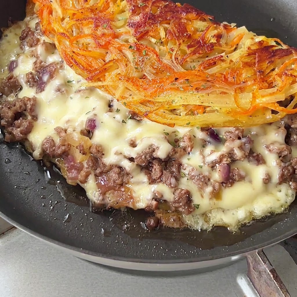 フライパンに入ったままの、とろけるチーズが溢れる折りたたまれたポテトパンケーキに刻みパセリを飾っている様子。