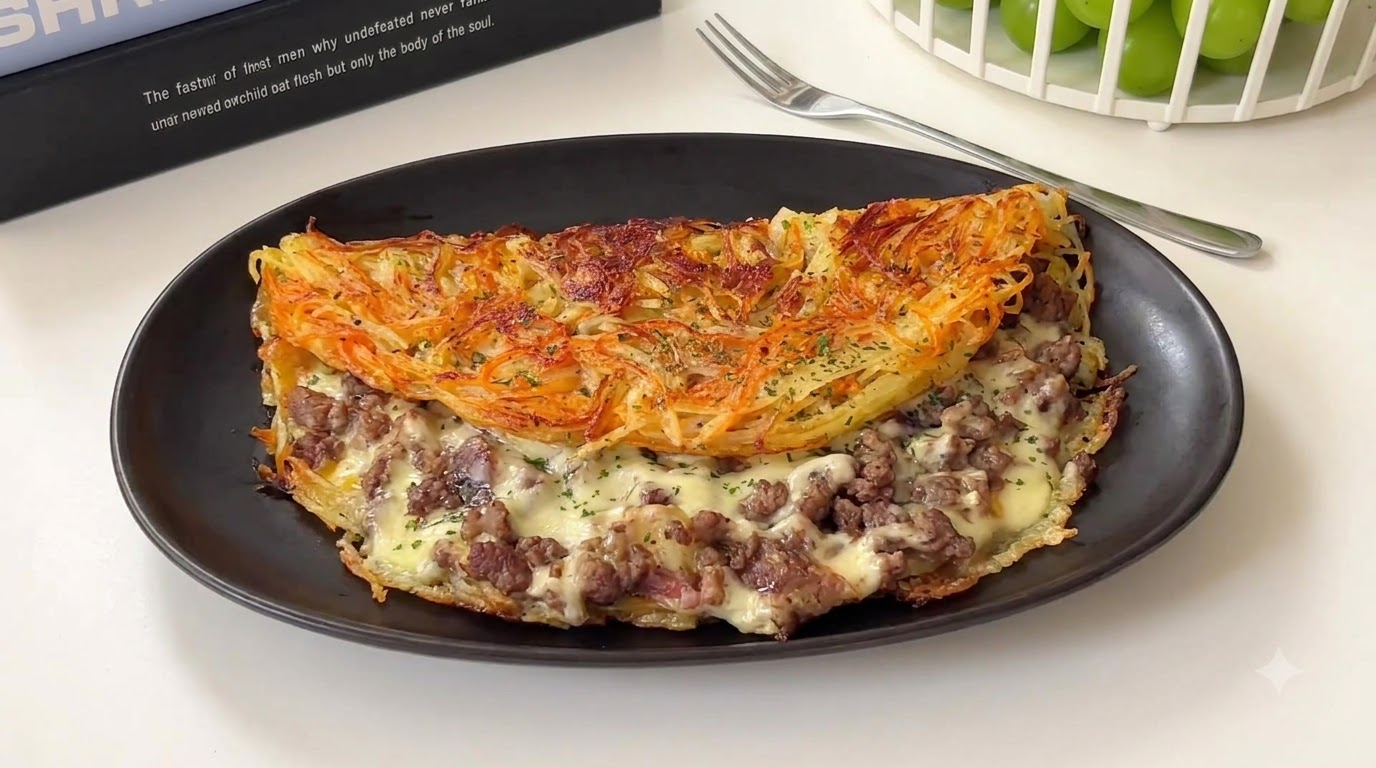 黒いお皿に盛り付けられた、とろけるチーズと牛ひき肉を包んだ黄金色のカリカリポテトパンケーキ。