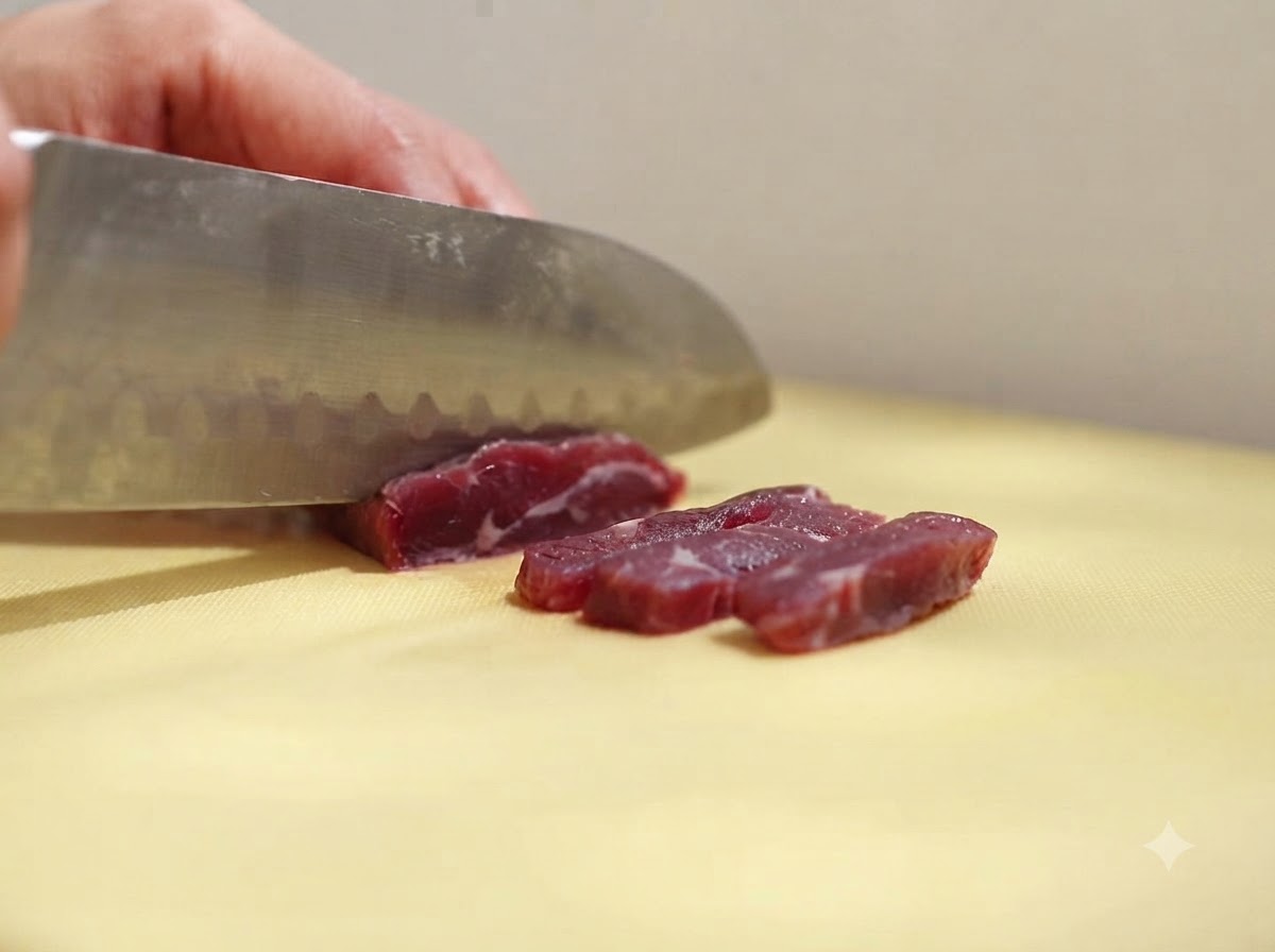 黄色いまな板の上で、生の牛肉を包丁で細切りにしている様子