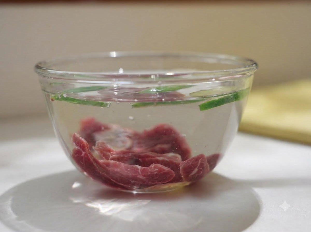 透明なガラスボウルに水を張り、切った牛肉、生姜、長ねぎを浸している様子