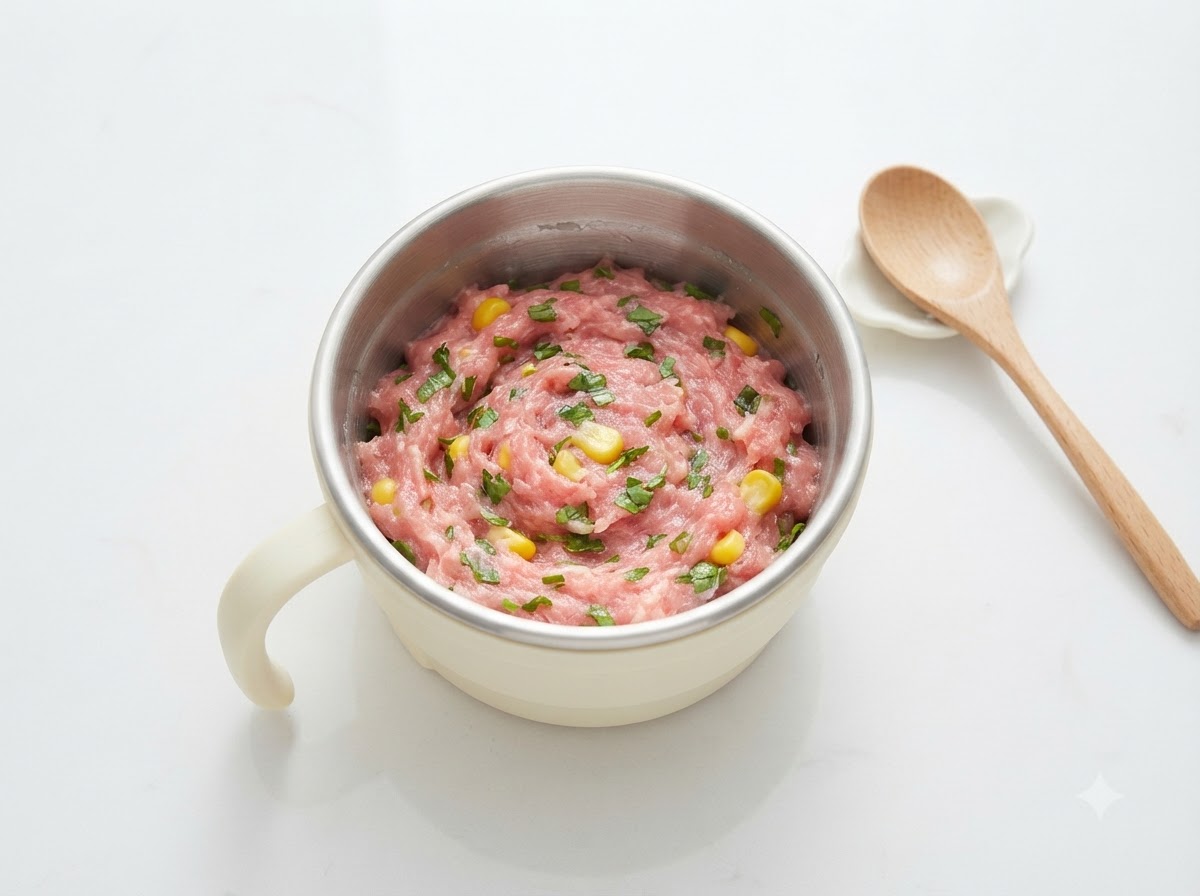 ペースト状の牛肉に、コーン、刻んだ青菜、片栗粉を加えている様子