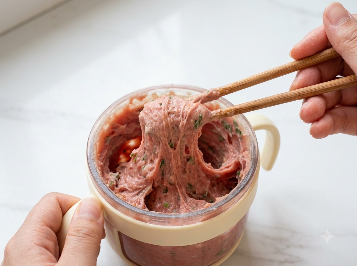 菜箸を使って肉だねをしっかりと混ぜ合わせている様子