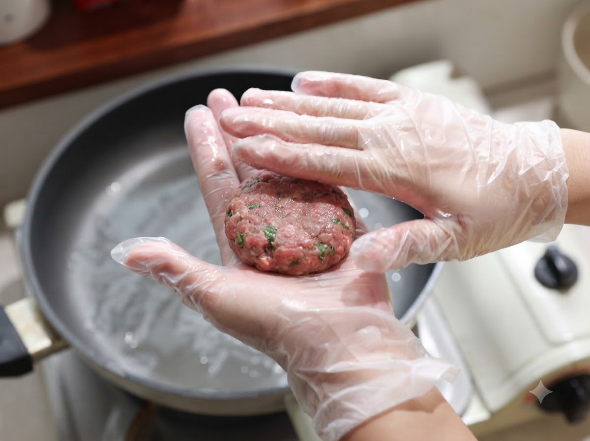 手袋をした手で、肉だねを小さく丸く成形している様子