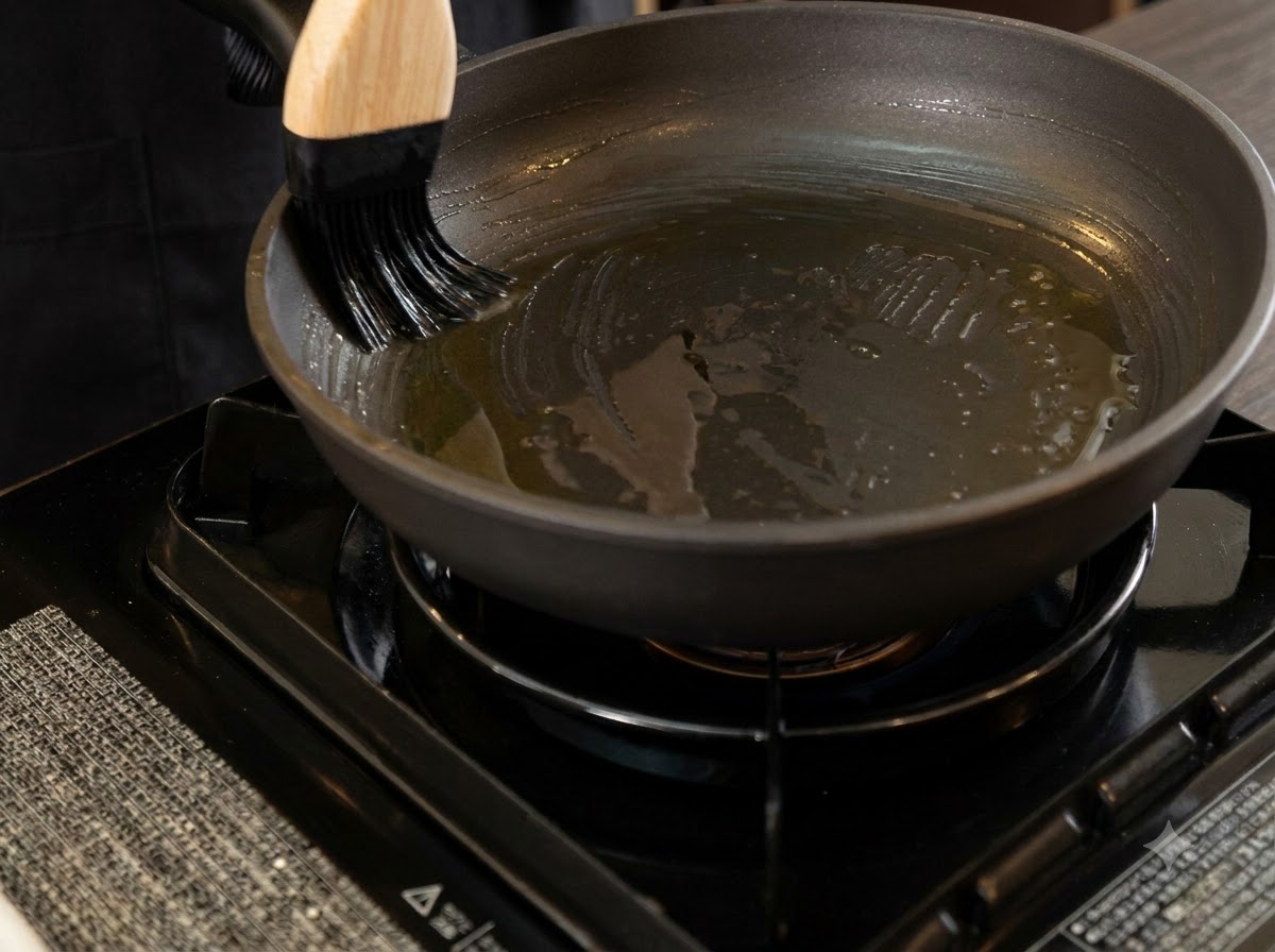 コンロの上のフライパンの内側に調理用ブラシで油を広げている様子。